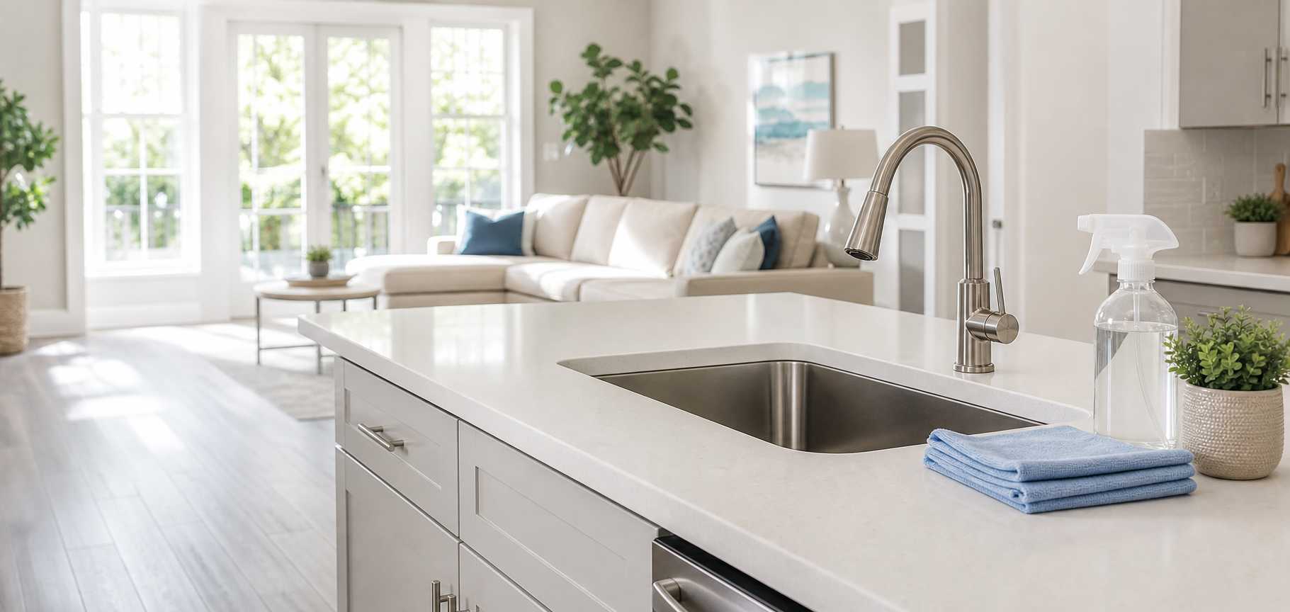 Freshly cleaned modern kitchen with cleaning supplies